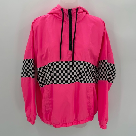 orange kiss Jackets & Blazers - Orange Kiss Windbreaker Womens M Hot Pink Pullover Retro Checkerboard Hoodie Top